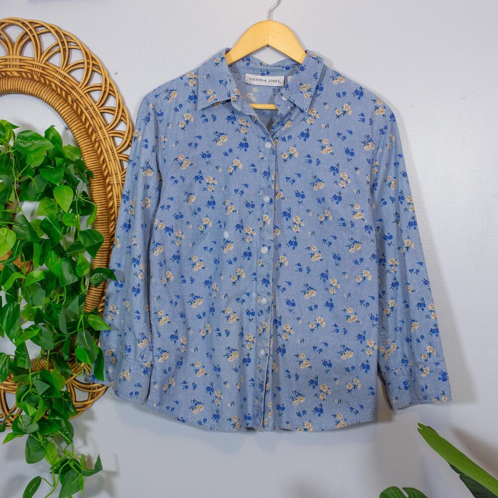Blue Floral Cotton Button Up Blouse Cottage Classic Soft Vtg | Light Summer
